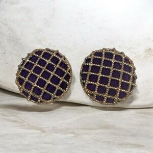 GJD Purple and gold circular clip on earrings cross hatch pattern